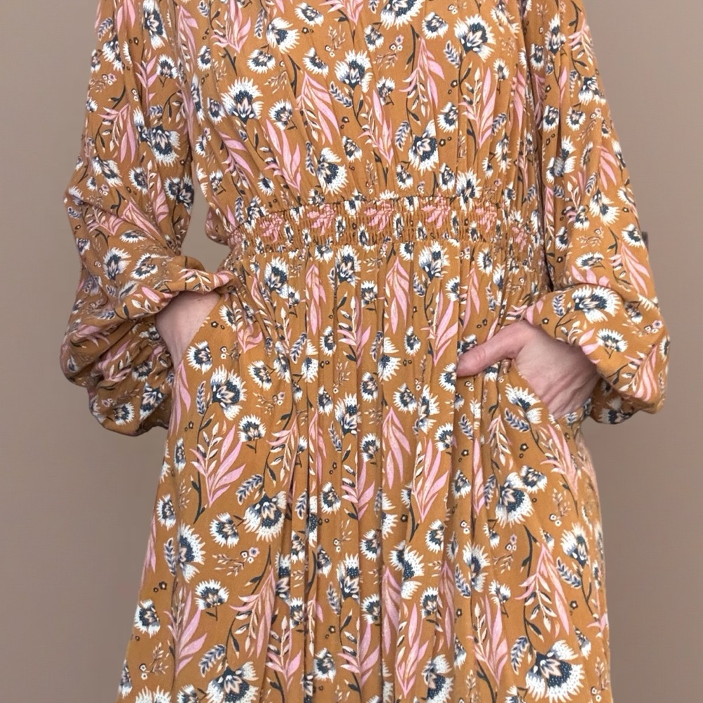 Universal Thread Floral Dress in Mustard and Pink